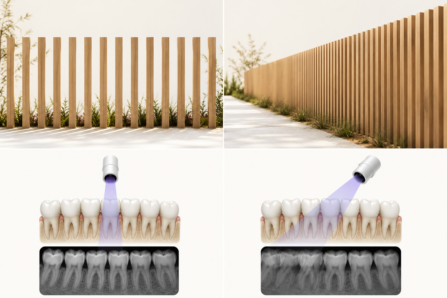 Top: a wooden fence viewed straight-on shows an even gap between every post; viewed from an angle down its length the posts bunch together and hide the gaps. Bottom: the same idea on teeth — beam straight through the row gives a clean x-ray, beam at an angle makes the teeth overlap on the x-ray.