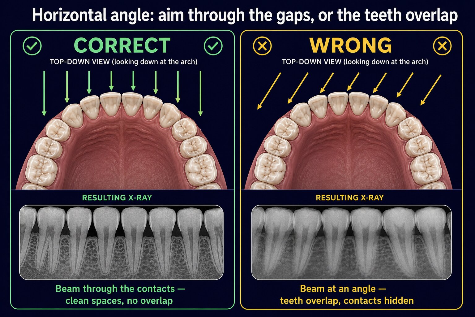 Top-down view comparing horizontal beam angle: aiming the beam straight through the gaps between teeth gives clean spaces with no overlap; aiming the beam at a slant makes the teeth overlap so the contacts are hidden.