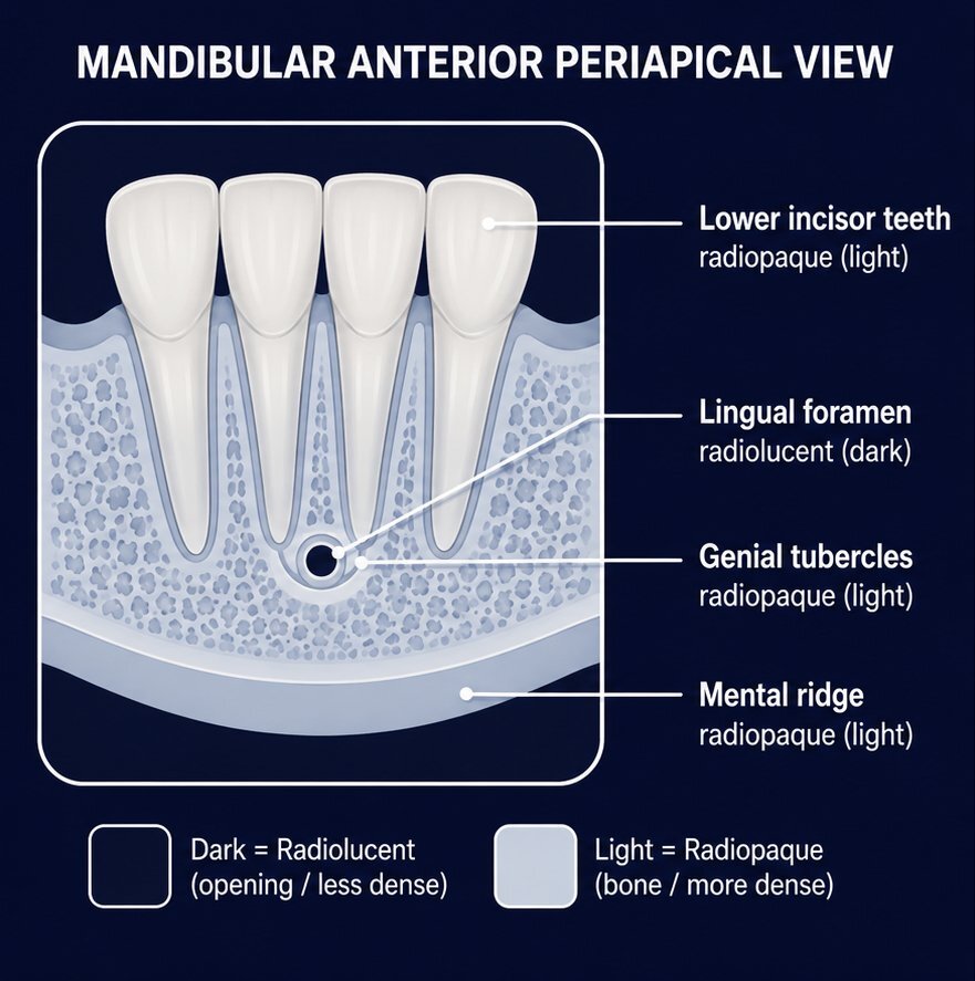 Diagram of a mandibular anterior periapical view showing the lower incisors, lingual foramen, genial tubercles, and mental ridge, labeled radiolucent (dark) or radiopaque (light).