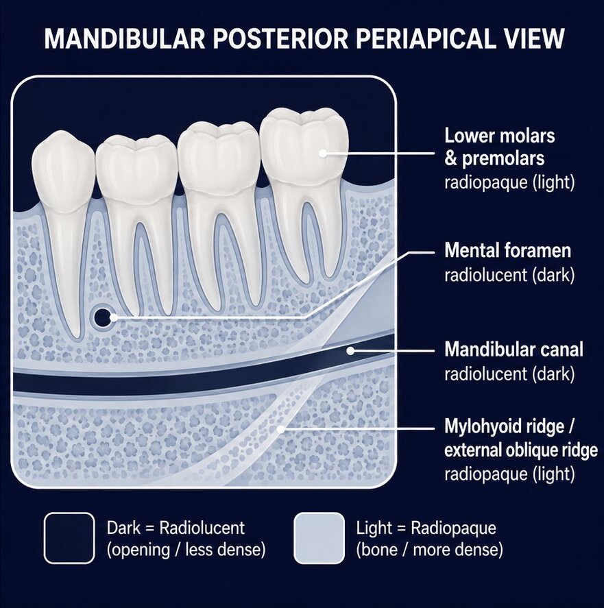 Diagram of a mandibular posterior periapical view showing the lower molars and premolars, mental foramen, mandibular canal, and mylohyoid/external oblique ridge, labeled radiolucent (dark) or radiopaque (light).