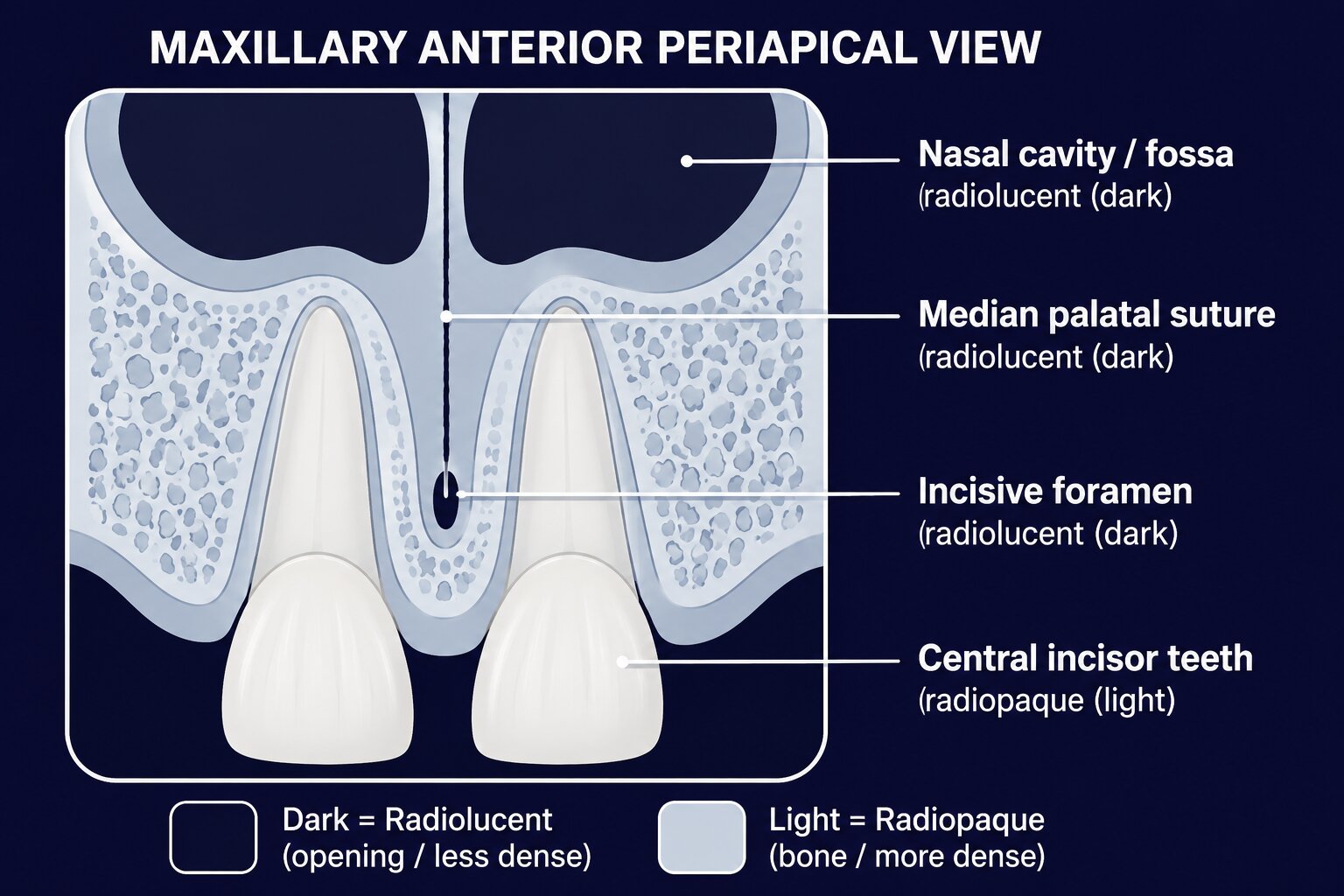Diagram of a maxillary anterior periapical view showing the nasal cavity, median palatal suture, incisive foramen, and central incisor teeth, labeled radiolucent (dark) or radiopaque (light).