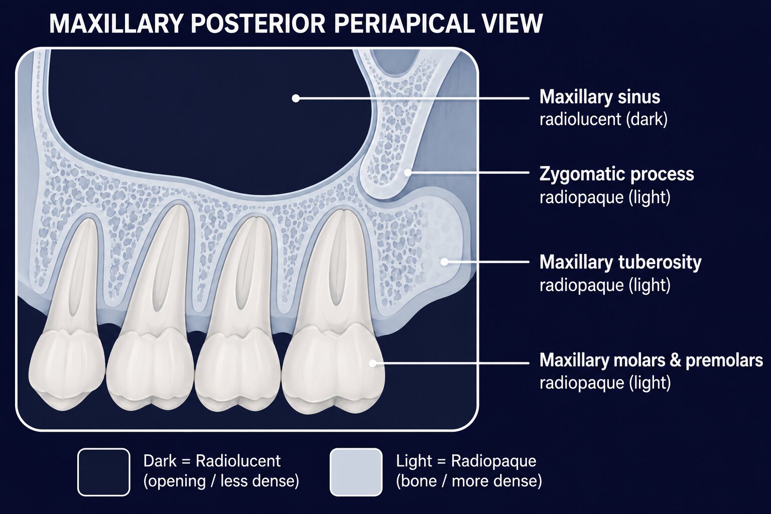 Diagram of a maxillary posterior periapical view showing the maxillary sinus, zygomatic process, maxillary tuberosity, and upper molars and premolars, labeled radiolucent (dark) or radiopaque (light).