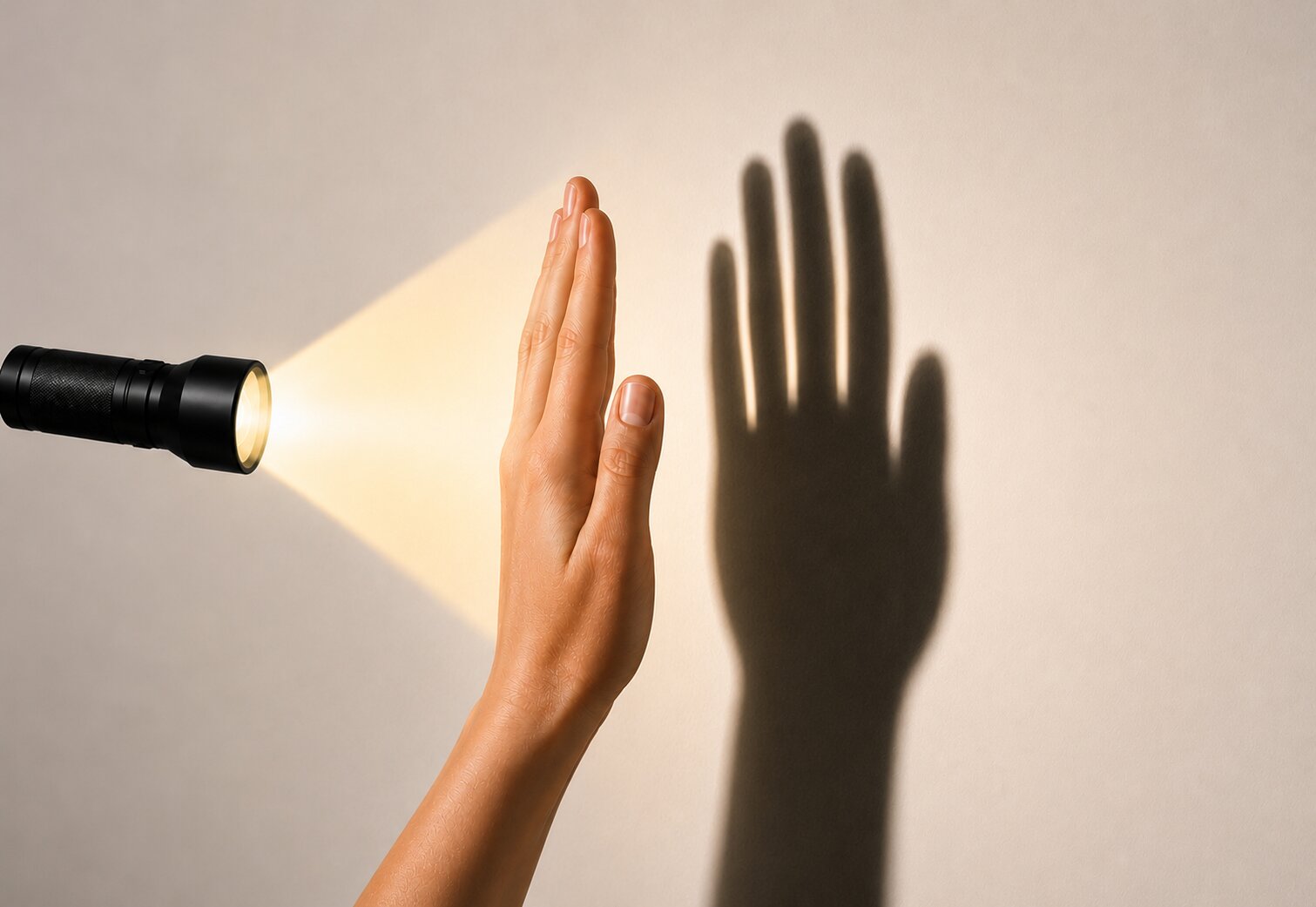 A flashlight aimed at an open hand casting a shadow on a wall, with light streaks visible between the shadow's fingers.