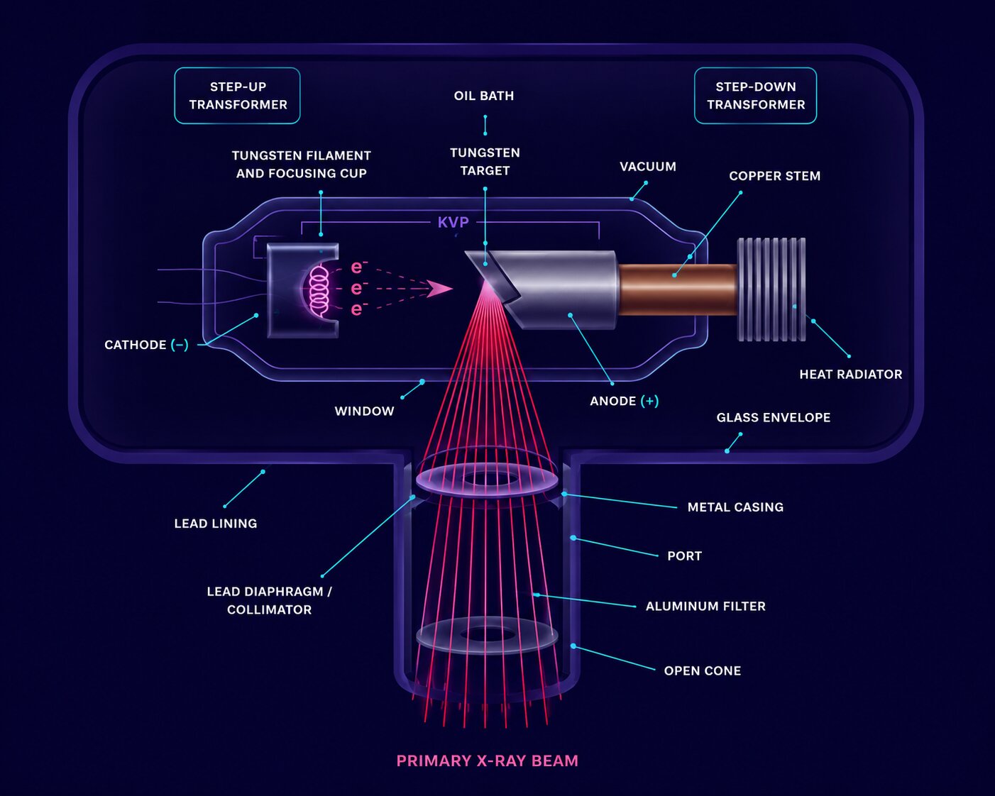 Labeled cross-section diagram of a dental x-ray tube showing the cathode with tungsten filament, electrons crossing the vacuum, the anode tungsten target where x-rays are produced, the aluminum filter and collimator, and the primary x-ray beam exiting through the open cone.